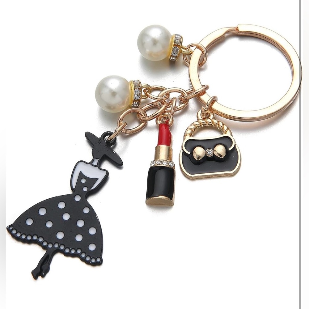 NEW Dress, Pearl, Lipstick Charm Enamel Handbag Pendant Keychain / Bagcharm Set
